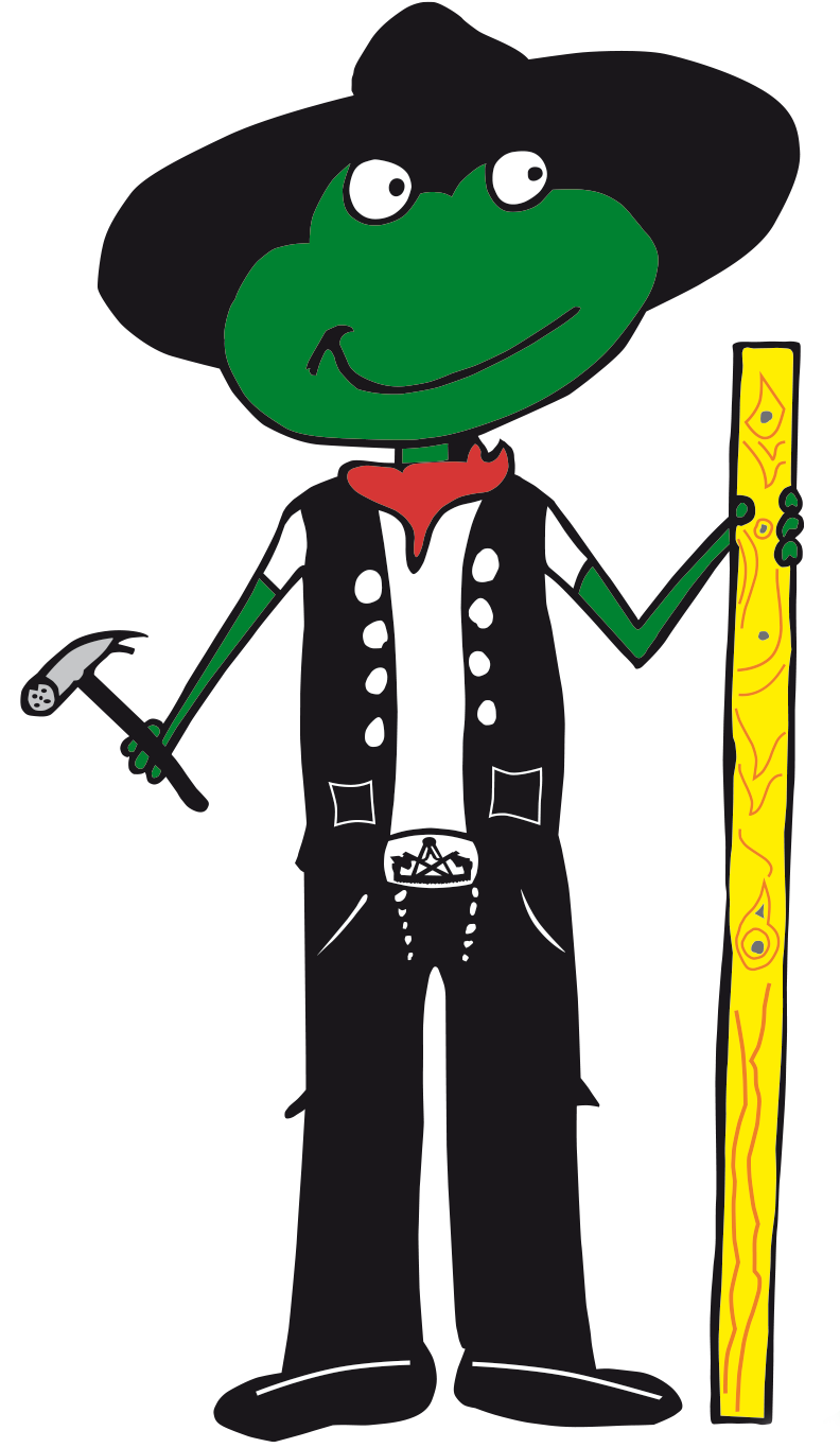 Ein grünhäutiger Cartoon-Frosch mit Hut, der lächelt. Er hält einen Hammer und ein gelbes Brett.
