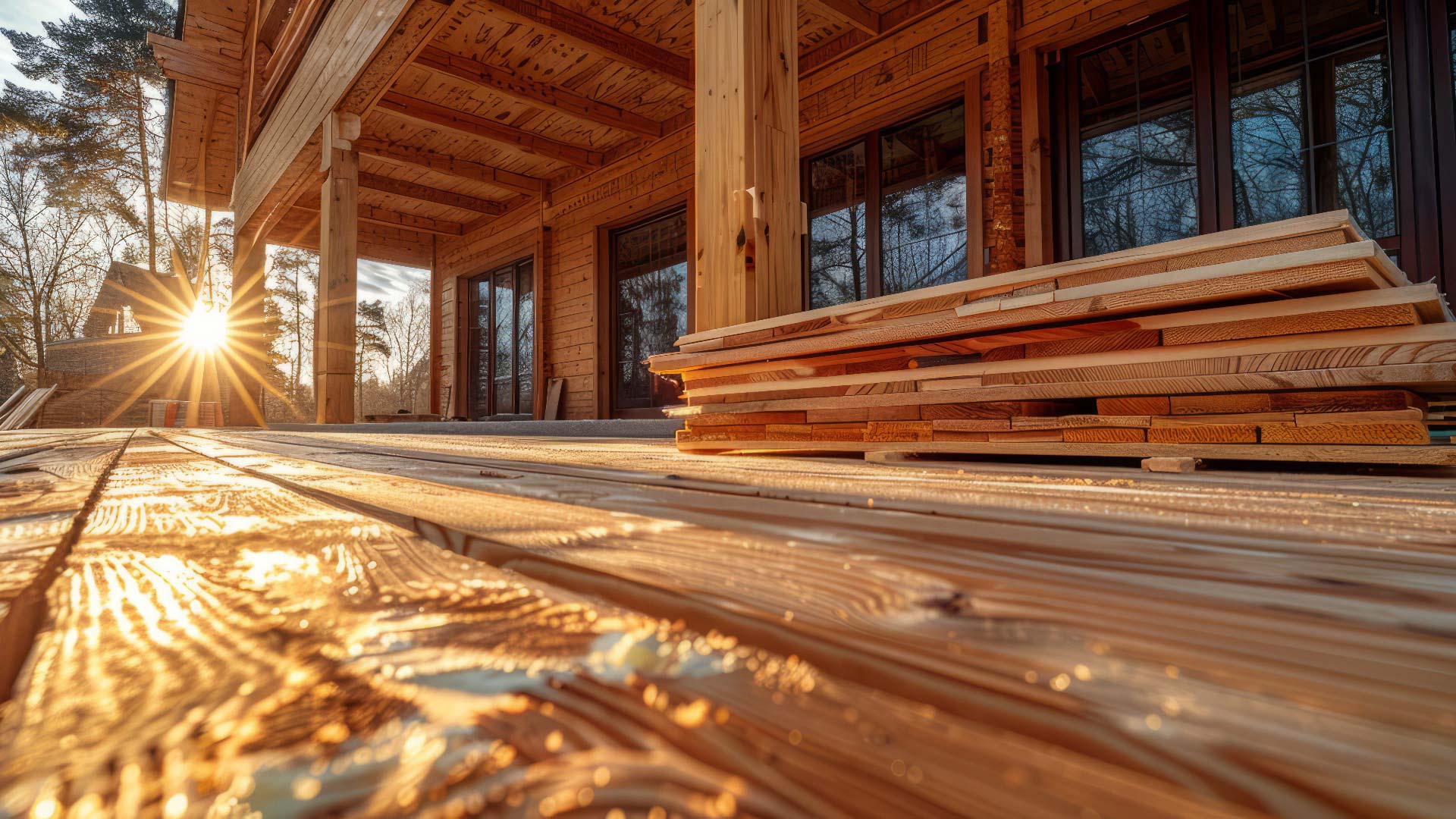 Holzveranda im Sonnenschein, mit Stapeln von Bauholz, Holzbalken und reflektierenden Sonnenstrahlen.