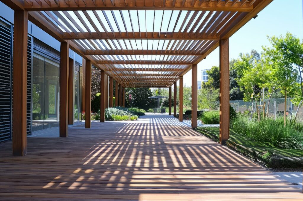 Wooden pergola in a modern building
