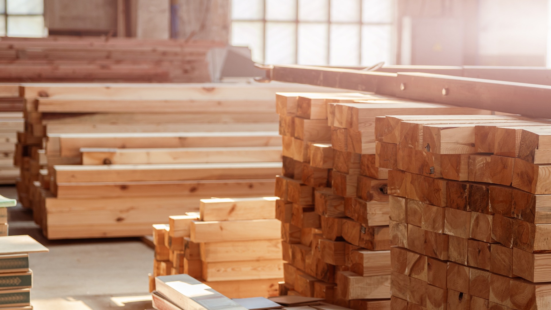Wooden planks and boards in building under construction